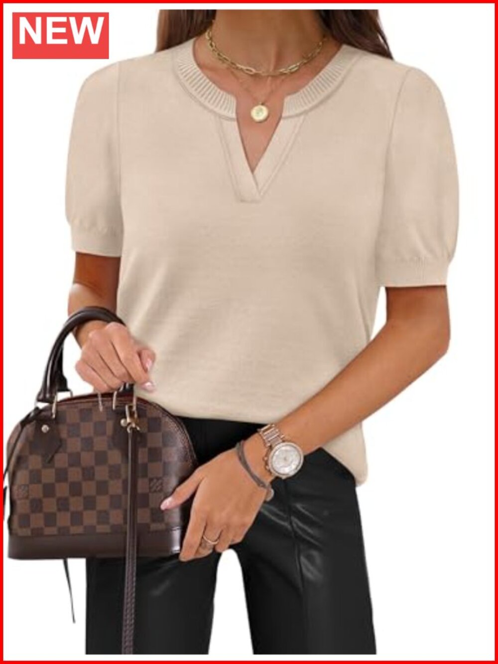 Womens Short Sleeve V Neck Sweater Knit Business Casual Top
